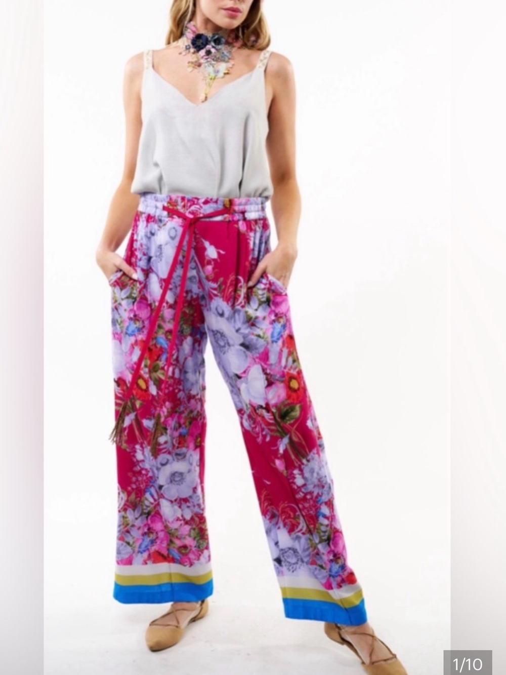 Aratta Silent Journey Starletta Raspberry Floral Wide-Leg Pull-On Pants